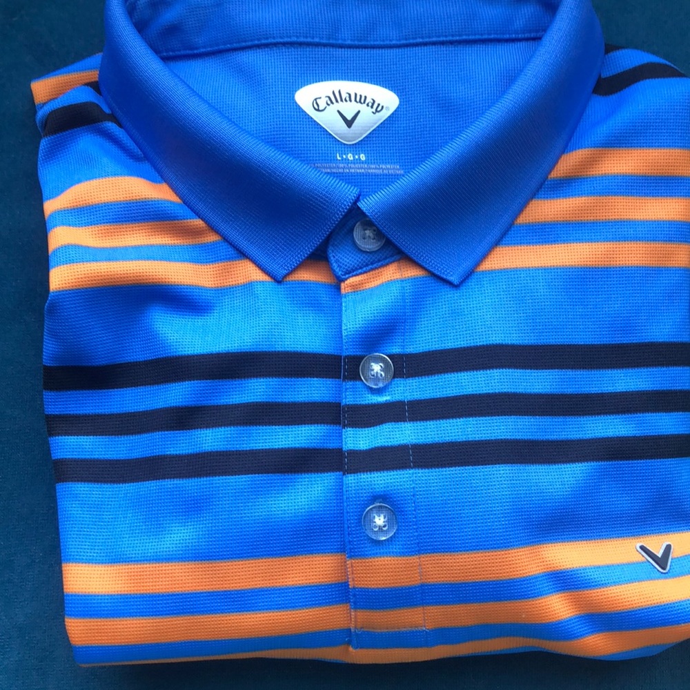 CALLAWAY EUC STRIPED GOLF SHIRT BLUE ORANGE LARGE